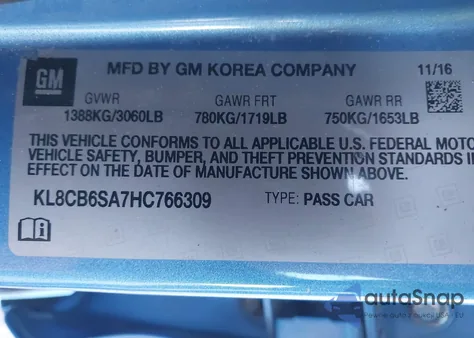 2017 Chevrolet Spark Ls Cvt из США, поврежденный, VIN KL8CB6SA7HC766309